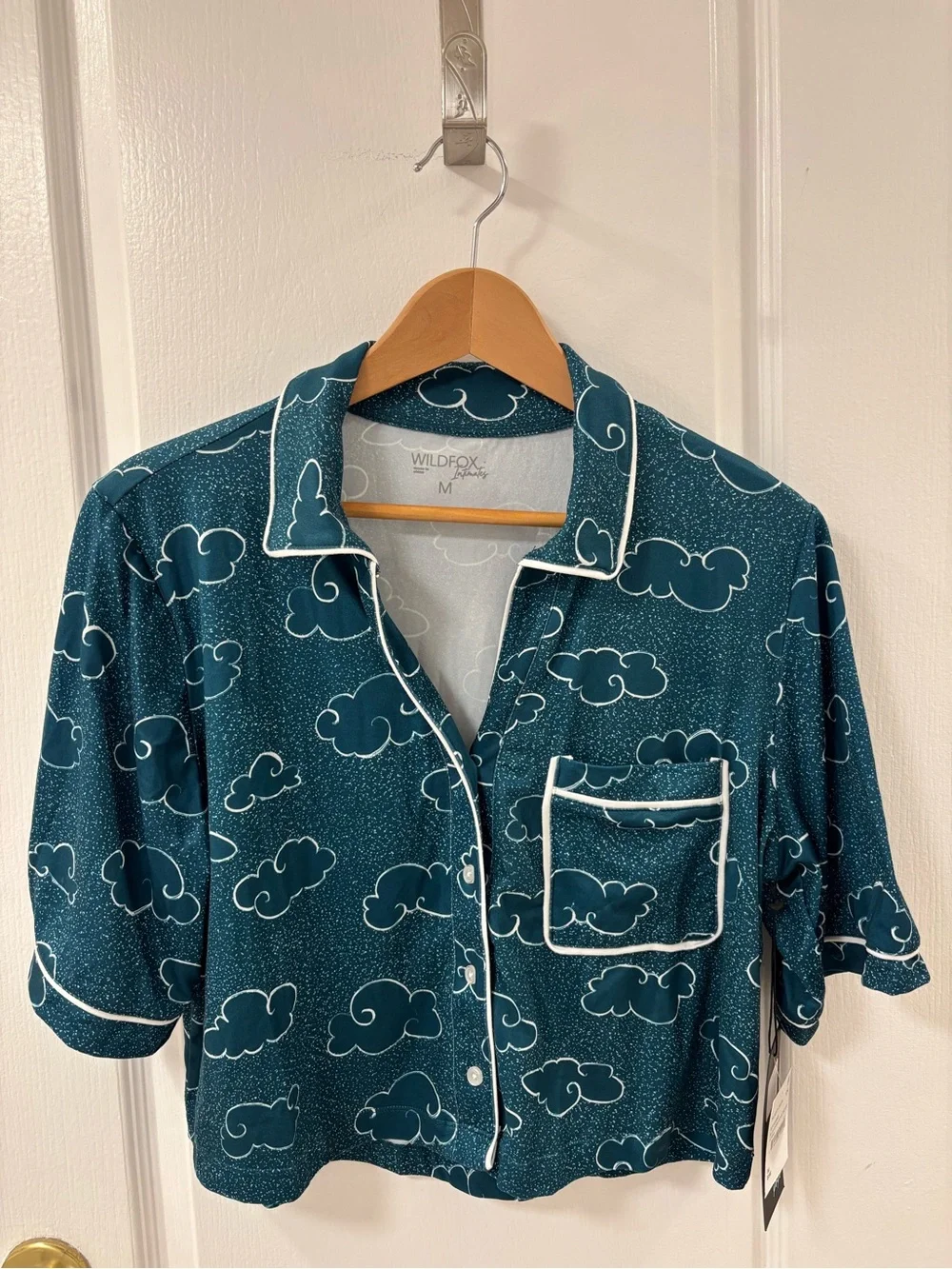 NEW Wildfox Blue Coral Up in the Air Cloud-Print Short Sleeve Pajama Top Cropped
